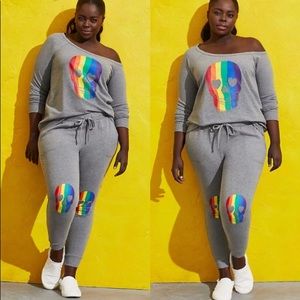 OFF-SHOULDER SWEATSHIRT and JOGGER - RAINBOW SKULL GREY PRIDE SET